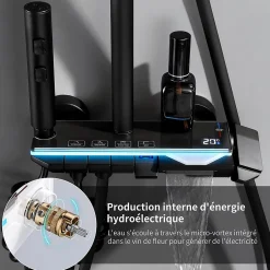 Homelody Colonne de Douche Thermostatique avec Étagère Jet Pluie et Cascade Hauteur Réglable 800-1000 mm Verre et Laiton Noir
