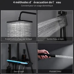 Homelody Colonne de Douche Thermostatique avec Étagère Jet Pluie et Cascade Hauteur Réglable 800-1000 mm Verre et Laiton Noir