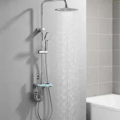 Homelody Colonne de Douche Thermostatique avec Étagère Jet Pluie et Cascade Hauteur Réglable 800-1000 mm Verre et Laiton Chromé