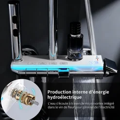 Homelody Colonne de Douche Thermostatique avec Étagère Jet Pluie et Cascade Hauteur Réglable 800-1000 mm Verre et Laiton Chromé