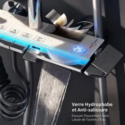 Homelody Colonne de Douche Thermostatique avec Étagère Jet Pluie et Cascade Hauteur Réglable 800-1000 mm Verre et Laiton Chromé