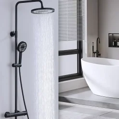 Homelody Colonne de Douche Thermostatique Noir Ensemble de Douche Avec Douchette 3 Fonctions Jet Pluie Hauteur Réglable 1006 a 1206 mm