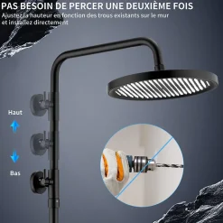 Homelody Colonne de Douche Thermostatique Noir Ensemble de Douche Avec Douchette 3 Fonctions Jet Pluie Hauteur Réglable 1006 a 1206 mm