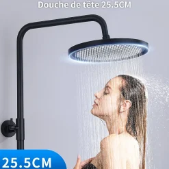 Homelody Colonne de Douche Thermostatique Noir Ensemble de Douche Avec Douchette 3 Fonctions Jet Pluie Hauteur Réglable 1006 a 1206 mm