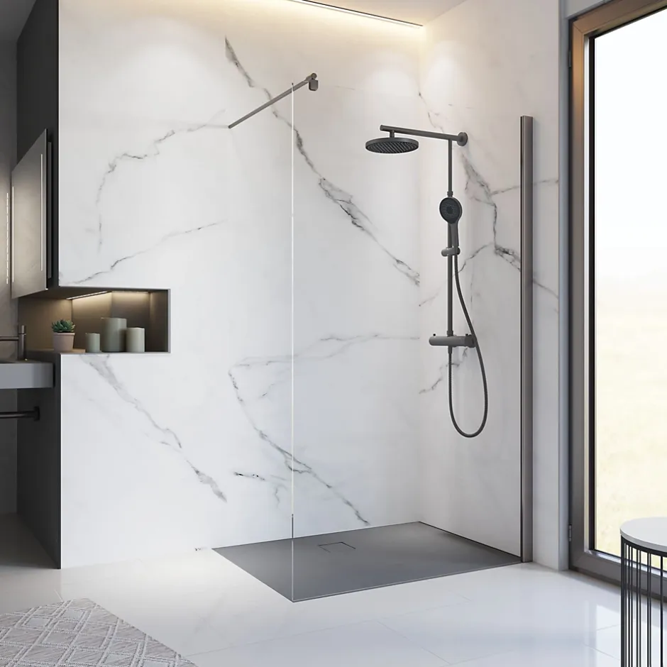 Schulte Colonne de douche thermostatique avec pommeau + douchette + flexible + barre réglable, coloris gun metal, Rain