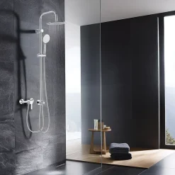 Valentin Colonne de douche thermostatique avec pomme de tête ronde, douchette et flexible, chrome, Inouie