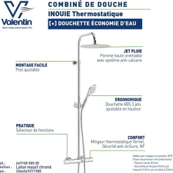 Valentin Colonne de douche thermostatique avec pomme de tête ronde, douchette et flexible, chrome, Inouie