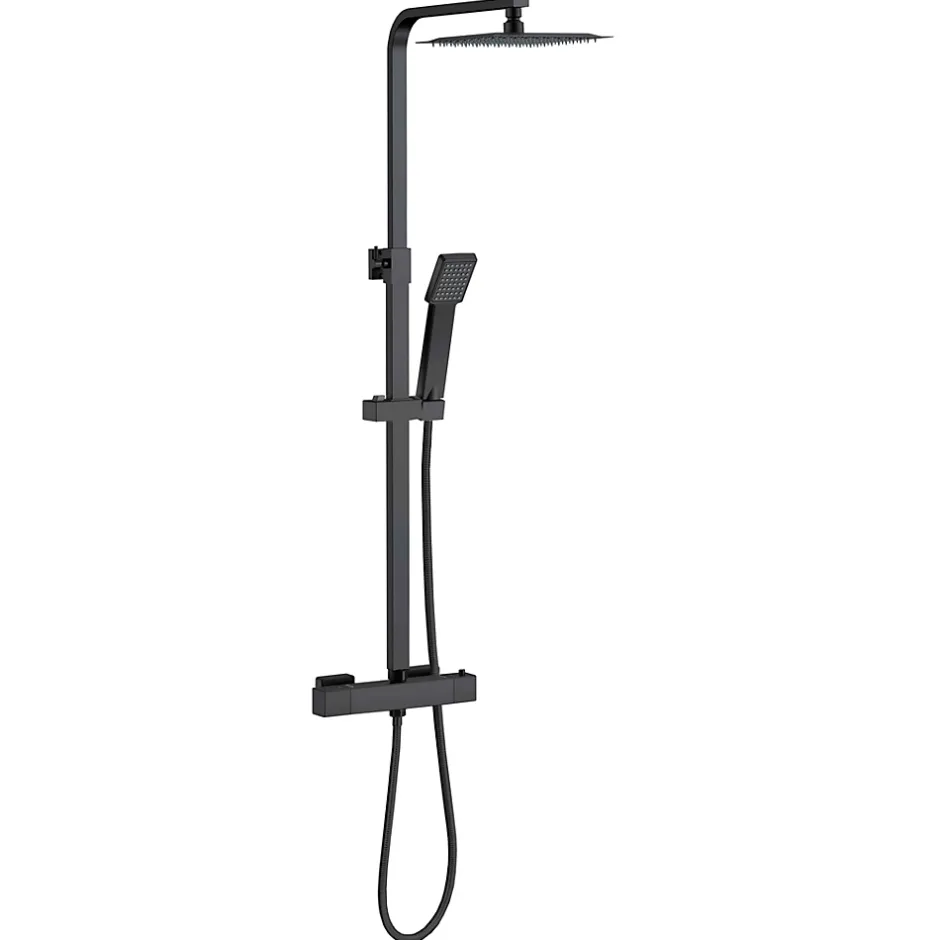 AICA Sanitaire Colonne de douche thermostatique avec pomme de tête, douchette et flexible,noir mat, Carré, AICA