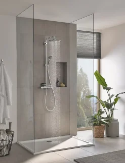 Grohe Colonne de douche thermostatique avec pommeau + douchette 3 jets + flexible + barre réglable, chrome, Vitalio Joy System 260