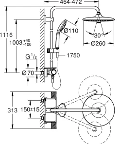 Grohe Colonne de douche thermostatique avec pommeau + douchette 3 jets + flexible + barre réglable, chrome, Vitalio Joy System 260