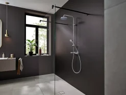 Hansgrohe Colonne de douche thermostatique avec pommeau + douchette 2 jets + flexible + barre réglable, chrome, Vernis Blend 200 EcoSmart* Colonne De Douche Thermostatique