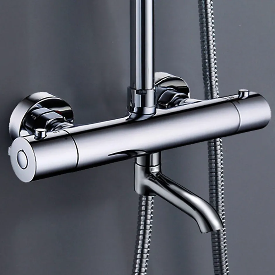 Kibath Colonne de douche thermostatique extra-longue AVEC bec carré de 100-150 cm, finition chrome poli, en laiton* Colonne De Douche Thermostatique