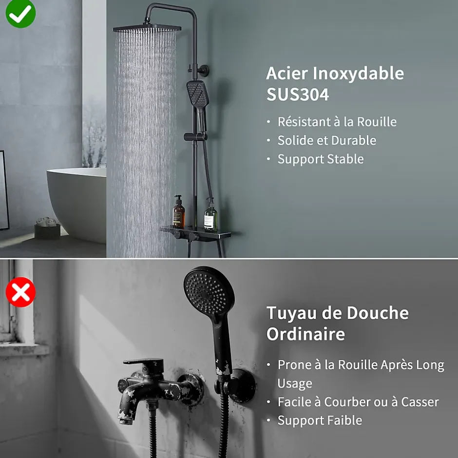 Homelody Colonne de Douche Thermostatique 38C avec Etageres Tete de Douche Pluie et Douchette Hauteur Reglable 1000 a 1240 mm Inox Noir* Colonne De Douche Thermostatique