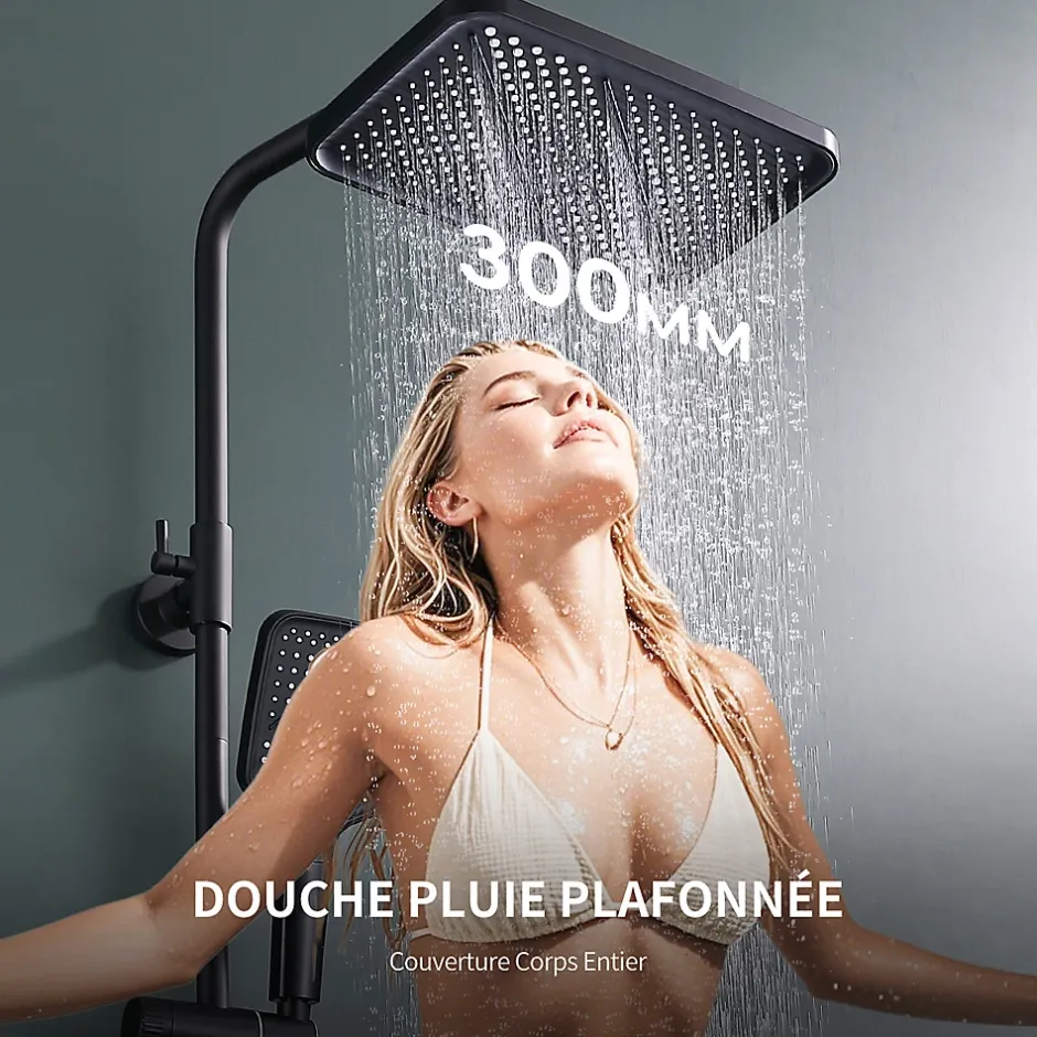 Homelody Colonne de Douche Thermostatique 38C avec Etageres Tete de Douche Pluie et Douchette Hauteur Reglable 1000 a 1240 mm Inox Noir* Colonne De Douche Thermostatique