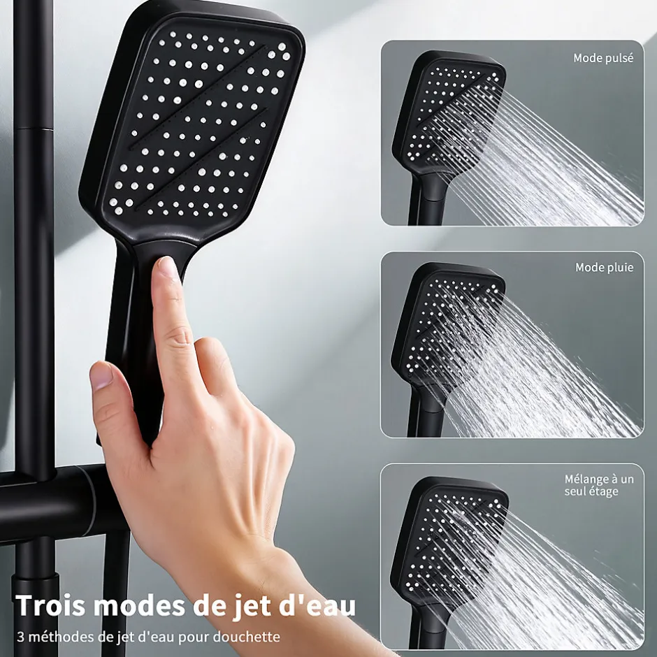 Homelody Colonne de Douche Thermostatique 38C avec Etageres Tete de Douche Pluie et Douchette Hauteur Reglable 1000 a 1240 mm Inox Noir* Colonne De Douche Thermostatique