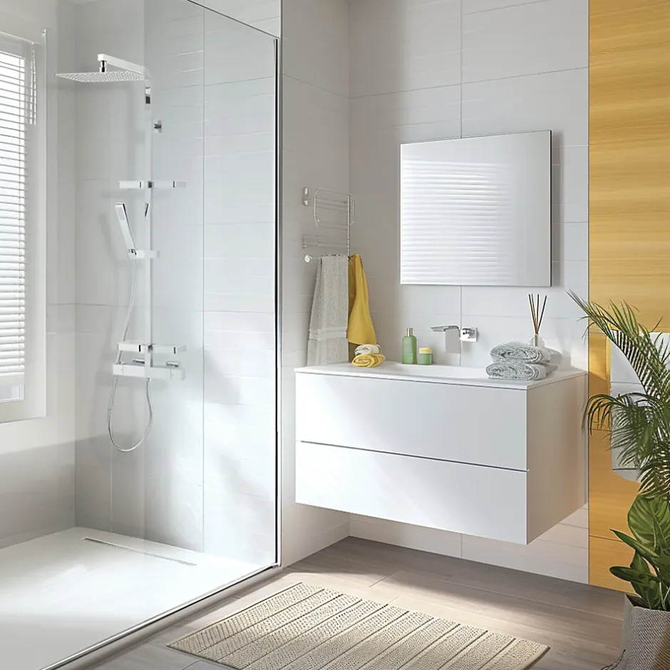 Valentin Colonne de douche thermostatique avec tablette, pomme de tête, douchette et flexible, chrome, Touareg