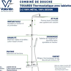 Valentin Colonne de douche thermostatique avec tablette, pomme de tête, douchette et flexible, chrome, Touareg