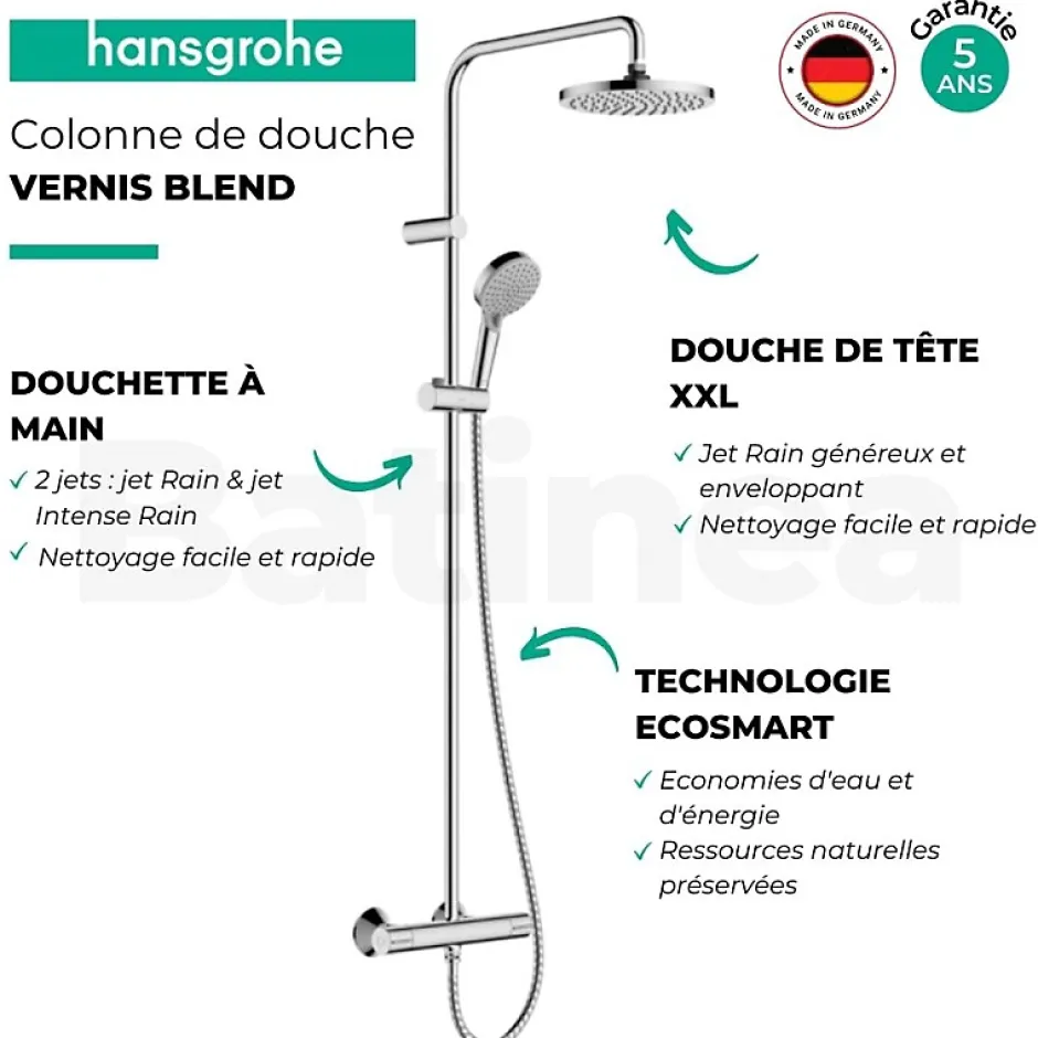 Hansgrohe Colonne de douche thermostatique Vernis Blend 200 Green chromé + tablette AddStoris