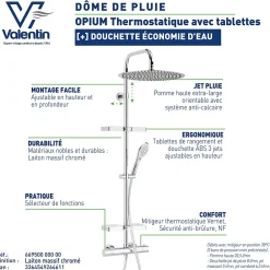 Valentin Colonne de douche thermostatique avec tablettes, pomme de tête large, douchette et flexible, chrome, Opium* Colonne De Douche Thermostatique