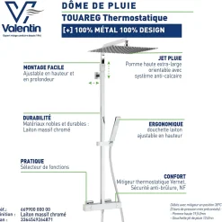 Valentin Colonne de douche thermostatique avec pomme de tête, douchette et flexible, chrome, Allure