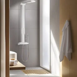 Valentin Colonne de douche thermostatique hydromassante avec tablette, pomme de tête et flexible, en aluminium anodisé gris, Isme