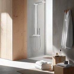 Valentin Colonne de douche thermostatique hydromassante avec tablette, pomme de tête et flexible, en aluminium anodisé gris, Isme
