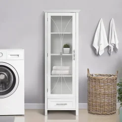 Teamson Home Colonne de rangement en effet bois blanc avec portes en verre* Armoire De Salle De Bains
