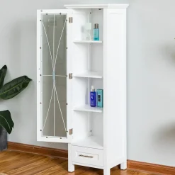 Teamson Home Colonne de rangement en effet bois blanc avec portes en verre* Armoire De Salle De Bains