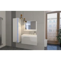 Meublorama Colonne de salle de bain suspendu, collection BIRD, coloris Blanc mat et Blanc brillant, idéal pour une salle de bain moderne.