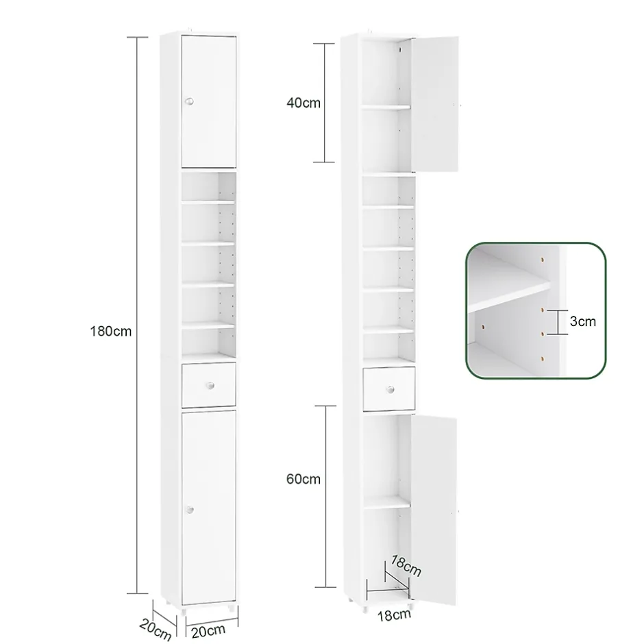 Sobuy Colonne de Salle de Bain Étroite Hydrofuge avec Étagères et Tiroirs Réglables - Armoire Gain de Place Blanche* Colonne De Salle De Bains