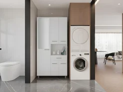 Vente-unique Colonne de salle de bain avec miroir sur pied - 180 cm - Blanc - MINELA* Colonne De Salle De Bains|Meuble De Salle De Bains Faible Profondeur