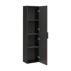 Meublorama Colonne de salle de bain KINOKO 1 porte Finition lattes effet bois naturel et noir L35 x P25 x H140 cm Meuble suspendu