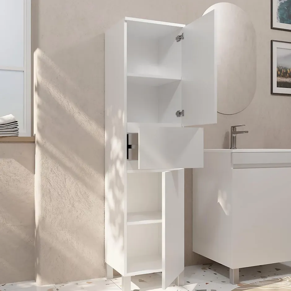 Aurlane Colonne de Salle de Bain en Mélaminé Blanc - 35x32x150 cm - 2 Portes + 1 Tiroir* Colonne De Salle De Bains