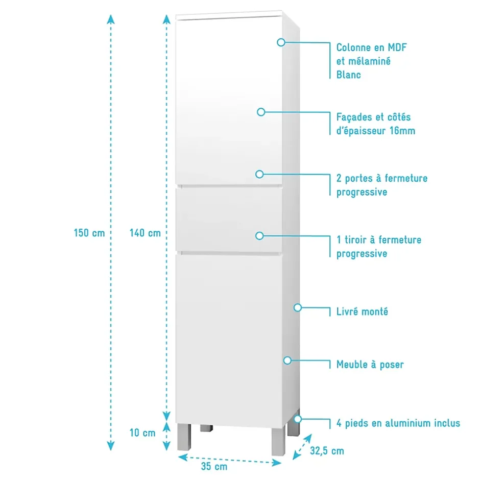 Aurlane Colonne de Salle de Bain en Mélaminé Blanc - 35x32x150 cm - 2 Portes + 1 Tiroir* Colonne De Salle De Bains