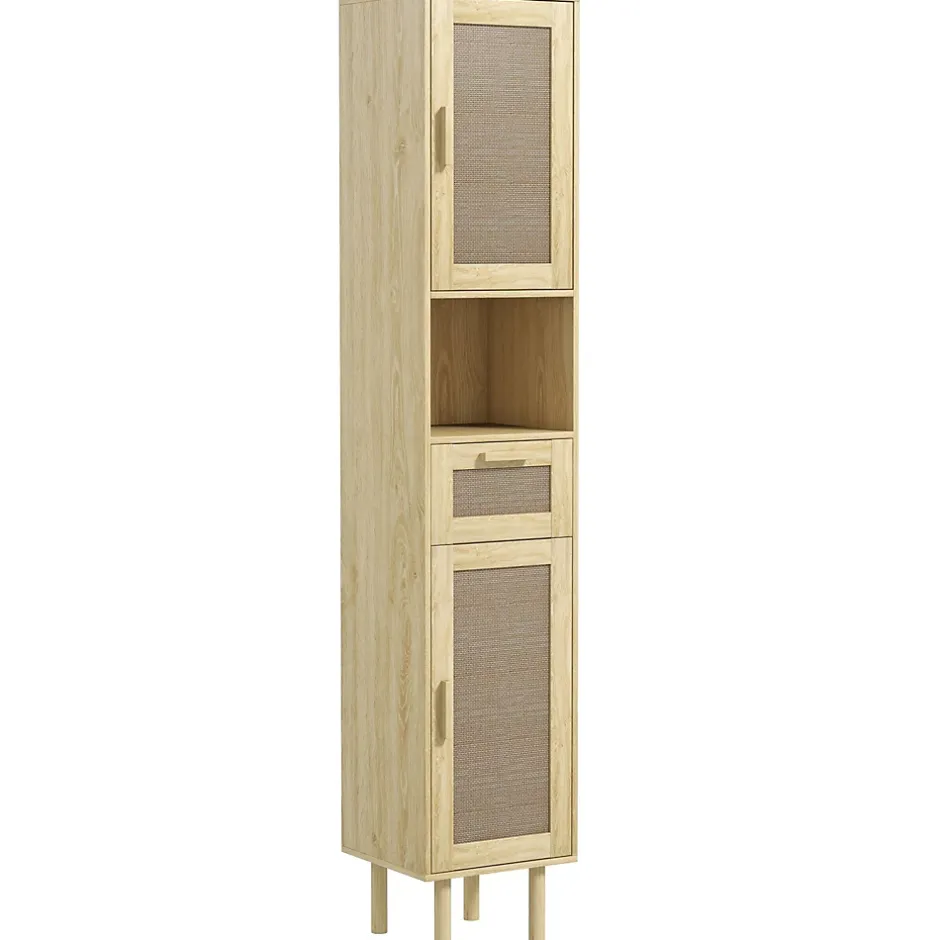 Homcom Colonne de salle de bain style bohème H. 170 cm - 2 portes, étagères, tiroir, niche - effet rotin bois clair