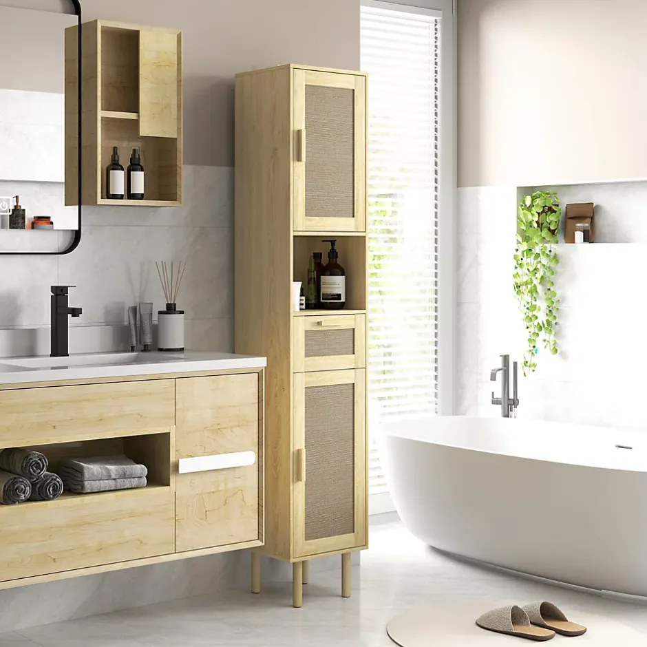 Homcom Colonne de salle de bain style bohème H. 170 cm - 2 portes, étagères, tiroir, niche - effet rotin bois clair