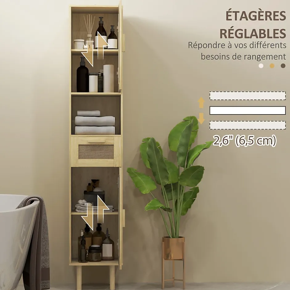Homcom Colonne de salle de bain style bohème H. 170 cm - 2 portes, étagères, tiroir, niche - effet rotin bois clair