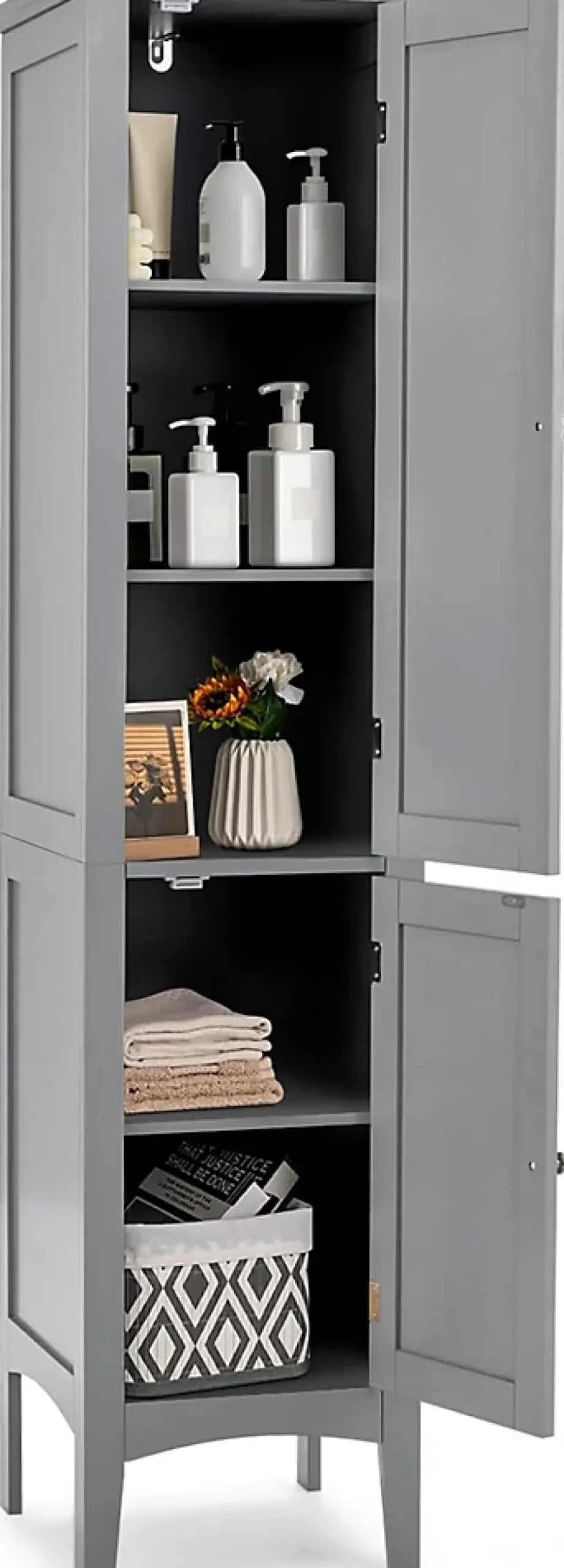 Giantex Colonne de Salle de Bain avec 2 Portes 5 étagères Dispositif Anti basculement Armoire Haute de Toilette Gris