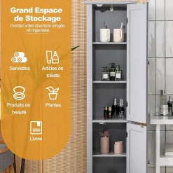 Giantex Colonne de Salle de Bain avec 2 Portes 5 étagères Dispositif Anti basculement Armoire Haute de Toilette Gris