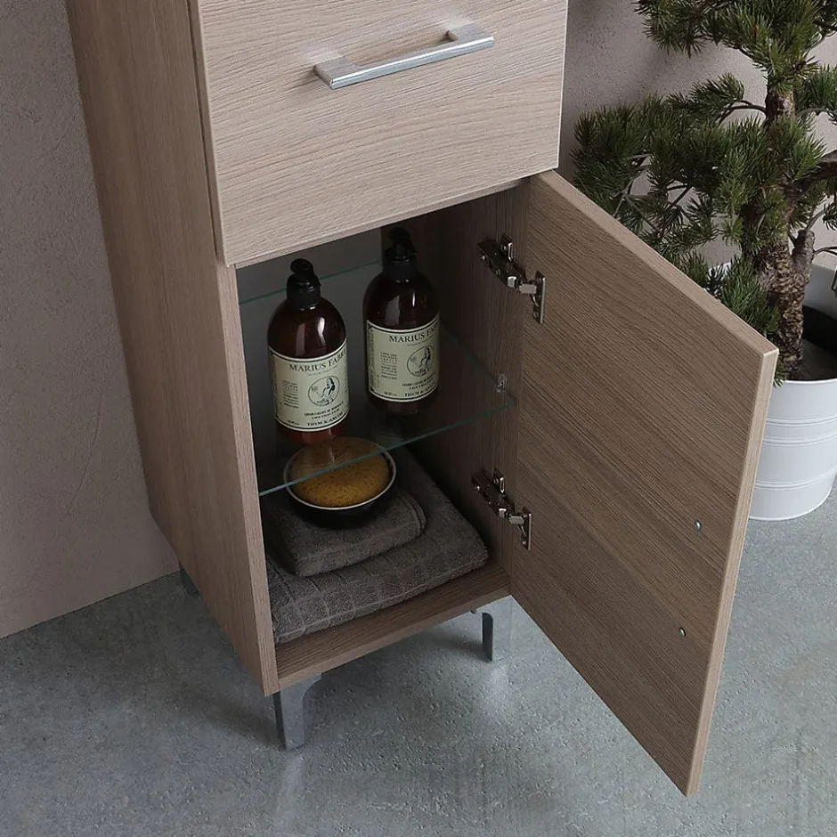 Kiamami Valentina Colonne De Salle De Bain 150Cm 2 Portes Et 1 Tiroir Chêne Naturel Avec Pieds Rimini