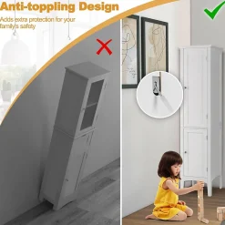 Giantex Colonne de Salle de Bain avec 2 Portes 5 étagères Dispositif Anti basculement Armoire Haute de Toilette Blanc