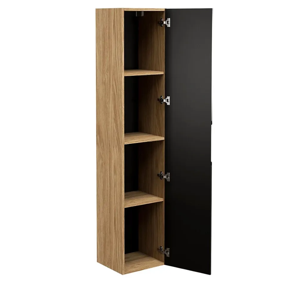 Meublorama Colonne de salle de bain VELNIA 1 porte H170 cm Coloris chene clair et noir Meuble suspendu
