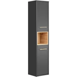 Meublorama Colonne de salle de bain TALOKA 2 portes Gris anthracite et chene clair 170 cm Meuble suspendu