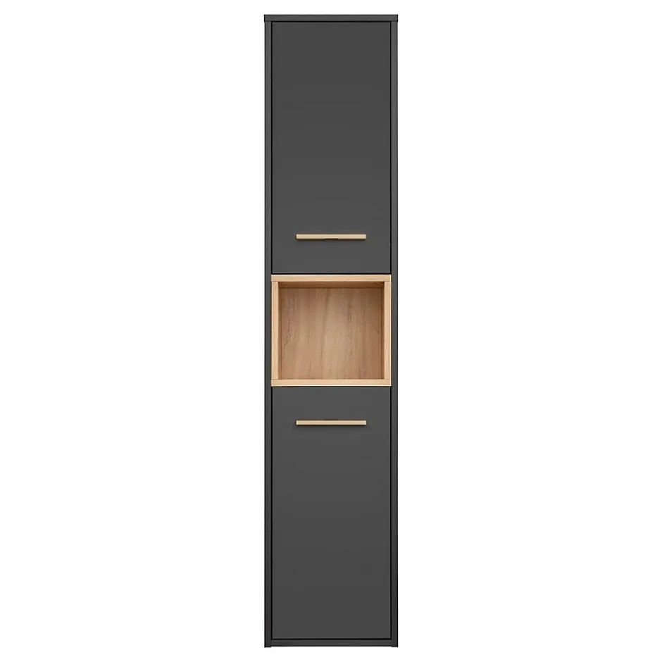 Meublorama Colonne de salle de bain TALOKA 2 portes Gris anthracite et chene clair 170 cm Meuble suspendu