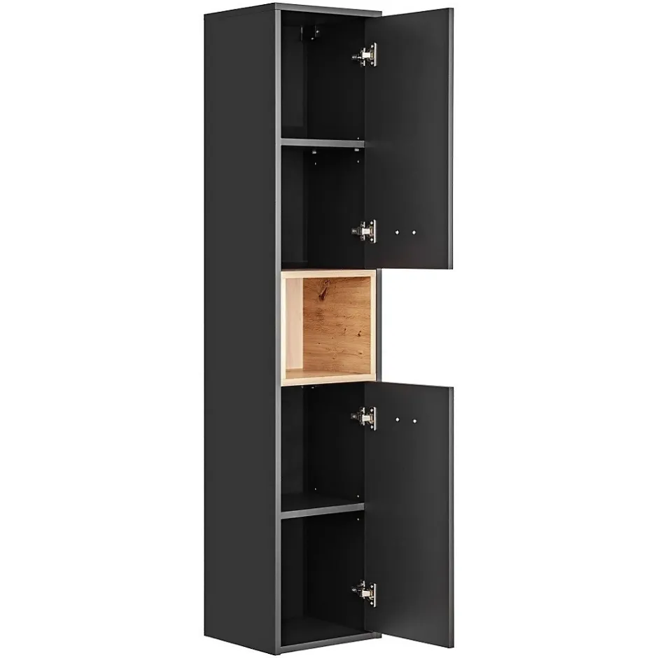 Meublorama Colonne de salle de bain TALOKA 2 portes Gris anthracite et chene clair 170 cm Meuble suspendu