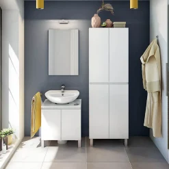 Pegane Colonne de salle de bain avec 4 portes sans poignée coloris blanc - Longueur 60 x Profondeur 35 x Hauteur 182 cm
