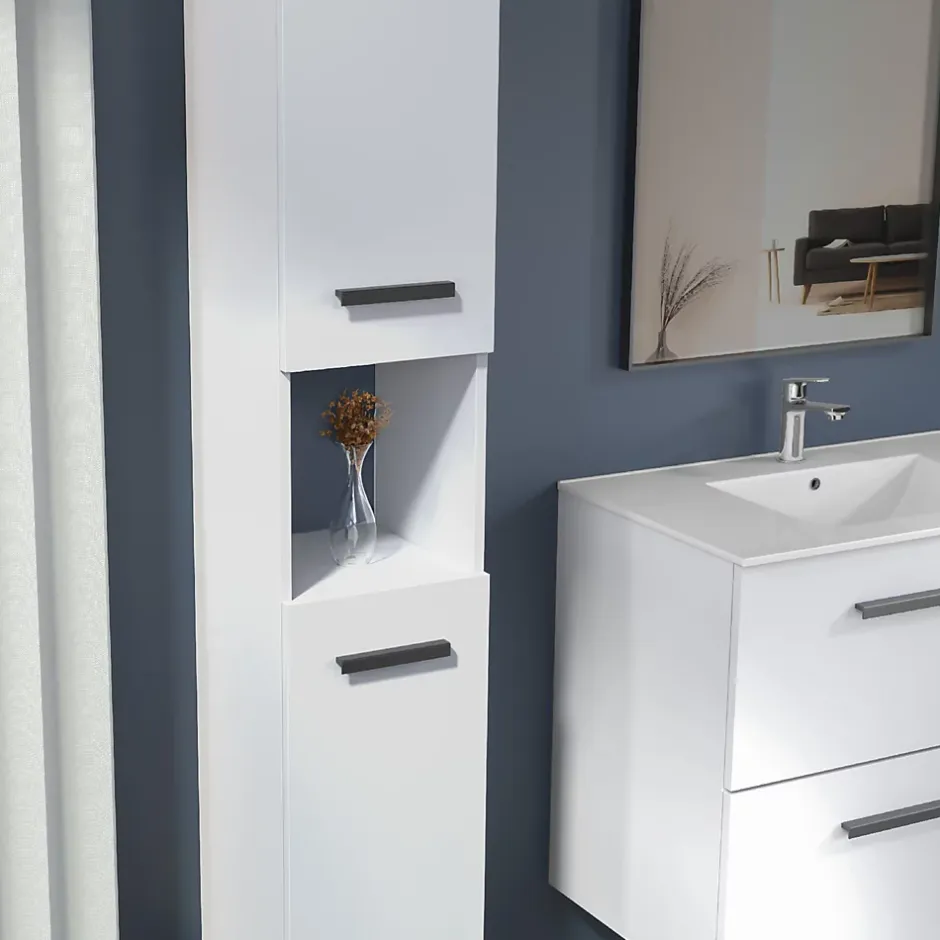 Futurbath Colonne de salle de bains suspendue blanche l.30 x H.150 x P.30 cm, 2 portes amorties et 1 niche, Pedro* Colonne De Salle De Bains