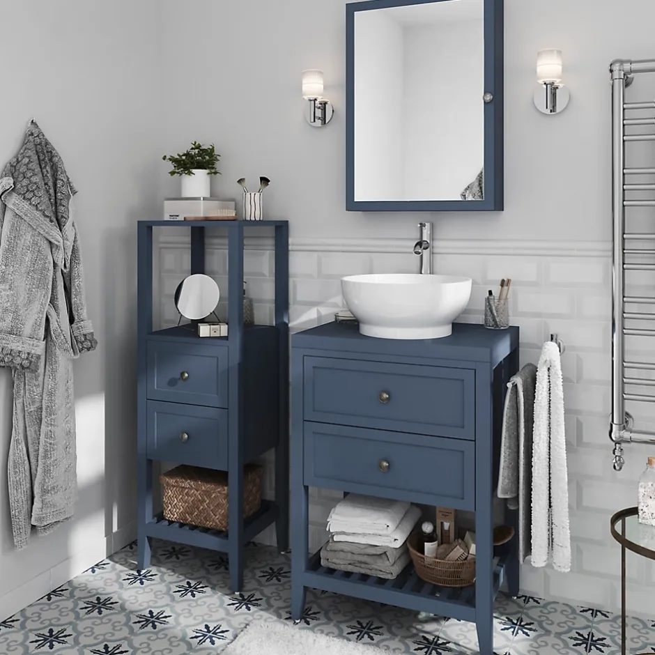 GoodHome Colonne de salle de bains à poser 2 tiroirs et 2 niches bleu mat L.40 x H.120 x P.36 cm, Perma
