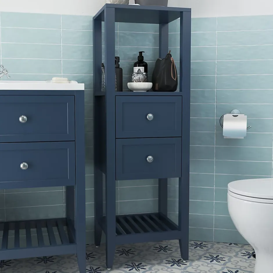 GoodHome Colonne de salle de bains à poser 2 tiroirs et 2 niches bleu mat L.40 x H.120 x P.36 cm, Perma