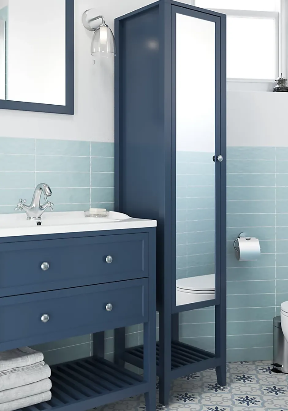 GoodHome Colonne de salle de bains à poser avec miroir bleu mat l.40,2 x H.185 x P.36,1 cm, Perma